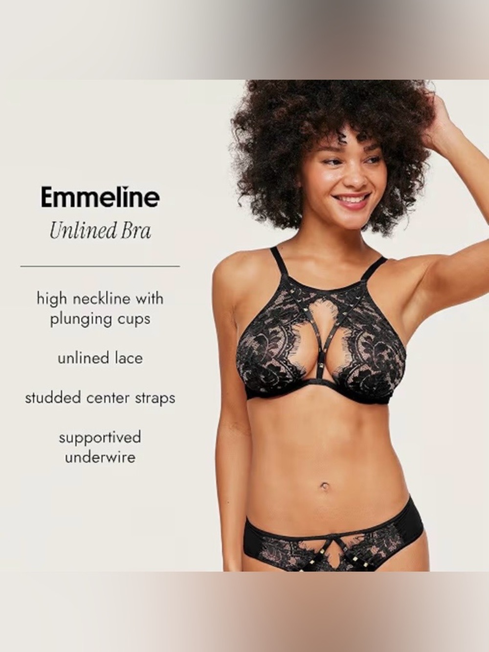 Adore Me Emmeline High-Neck Unlined Plunge Bra w/Lace & Stud Detail Sz 36D- Blue